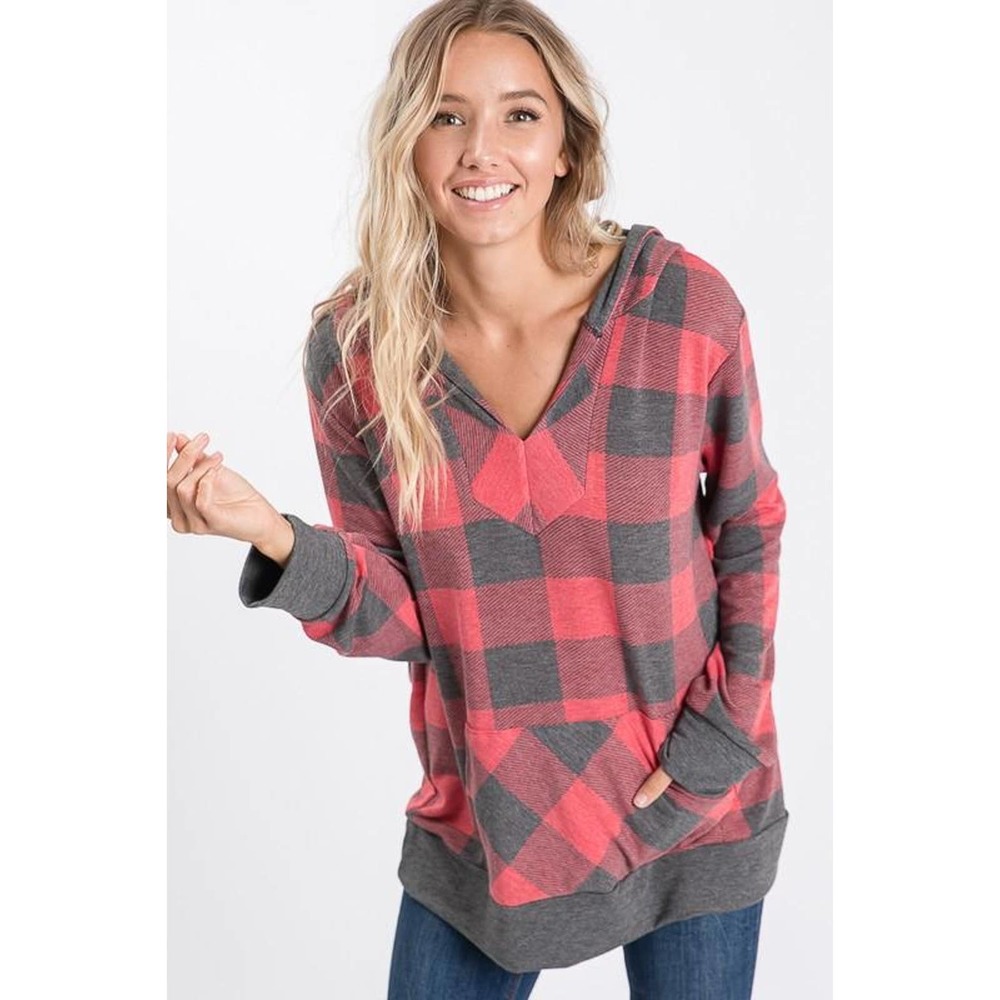 NWT!! Red & Gray Plaid V-Neck Hooded Top